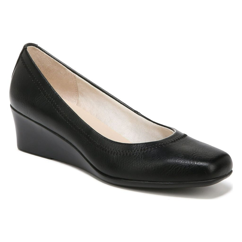 Life Stride Women's 10W Black Faux Vegan Leather Square Toe, Wedge Pumps NIB